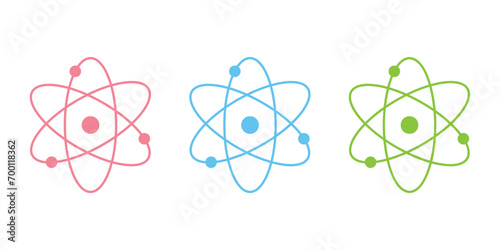 Atom icons. Atom icon symbol vector illustration. Nuclear physics. Three electrons rotate in orbits around atomic nucleus. Scientific resources for teachers and students.