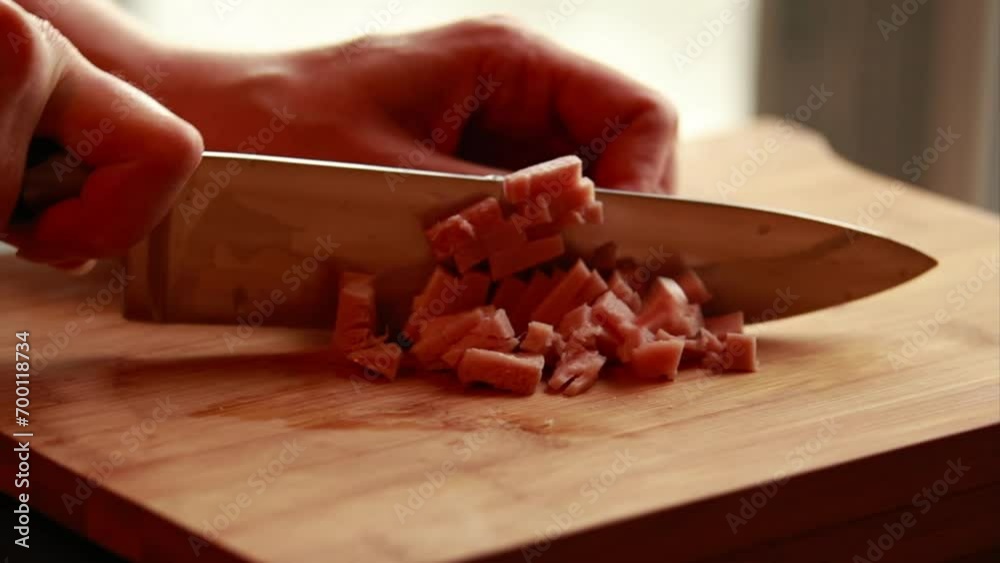 Close-Up Woman's Hands Chopping Smoked Bacon on Wooden Board Close-Up Woman's Hands Chopping Smoked Bacon on Wooden Board