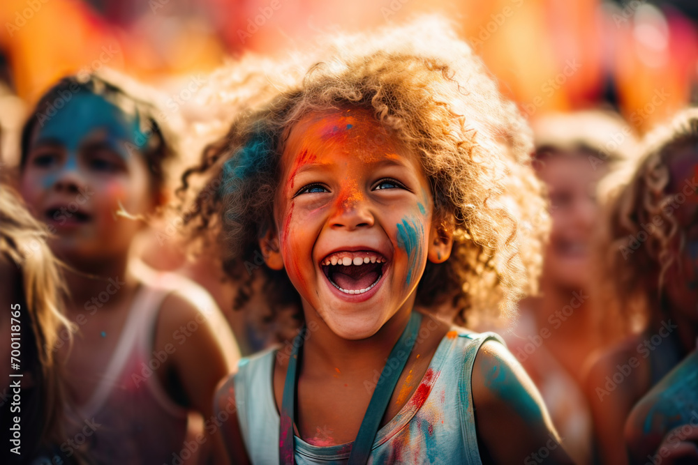 Young kid at Holi celebration. Generative AI.