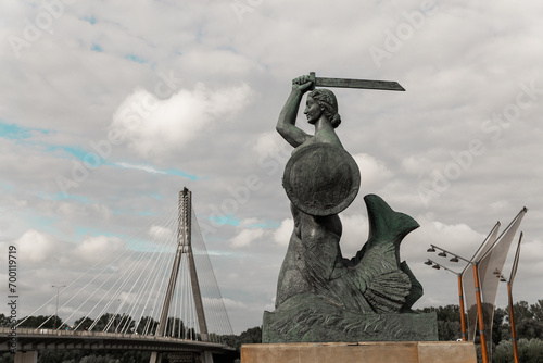 Mermaid's Statue Pomnik Syreny nad Wisłą Warsaw Poland cloudy day Świętokrzyski Bridge Most Świętokrzyski