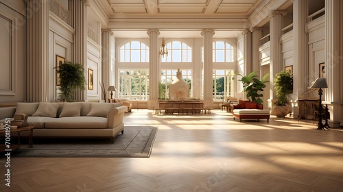 Panoramic view of the interior of the house. 3D rendering