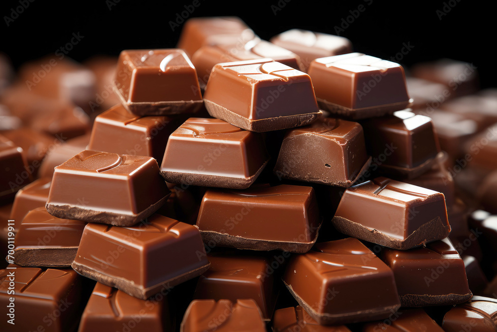Chocolate products on a dark background, milk chocolate bars lie in a heap. Chocolate products on a dark background, milk chocolate bars lie in a heap.