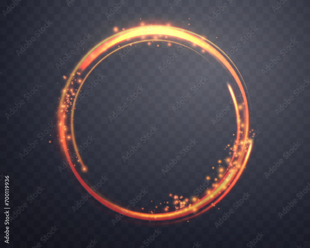 Orange magic ring with glowing particles. Neon realistic energy flare halo ring. Abstract light effect on a dark transparent background. Vector illustration. Orange magic ring with glowing particles. Neon realistic energy flare halo ring. Abstract light effect on a dark transparent background. Vector illustration.