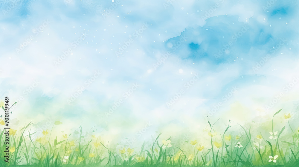 drawn landscape with green grass and blue sky, natural background, digital illustration, travel, field, clouds, empty space for text, wallpaper, summer, harmony, peace, art, blank, beauty, abstract