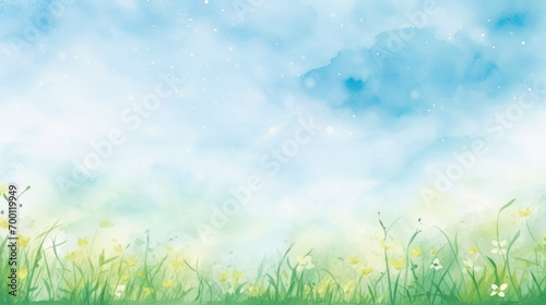 drawn landscape with green grass and blue sky, natural background, digital illustration, travel, field, clouds, empty space for text, wallpaper, summer, harmony, peace, art, blank, beauty, abstract
