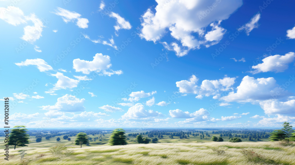 A blooming green meadow and clouds in the blue sky create a serene landscape. Green nature.