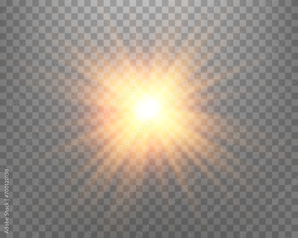 Orange sunlight lens flare, sun flash with rays and spotlight. Glowing burst explosion on a transparent background. Vector illustration.