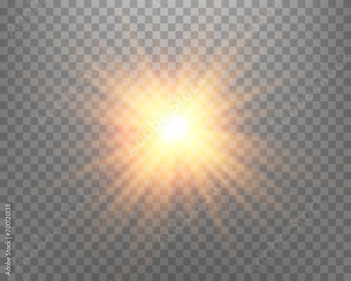 Orange sunlight lens flare, sun flash with rays and spotlight. Glowing burst explosion on a transparent background. Vector illustration.