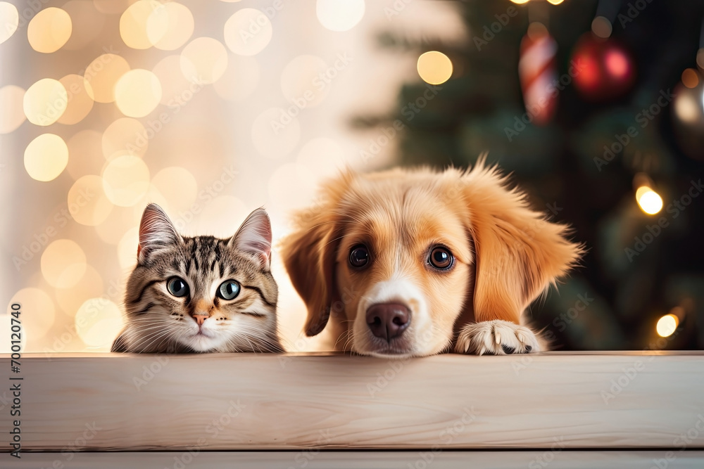 A cat and a dog peeking out from behind a wooden board. Cute puppy and kitten with a defocused Christmas background, cozy atmosphere. Christmas promotional banner for pet shop or vet clinic. A cat and a dog peeking out from behind a wooden board. Cute puppy and kitten with a defocused Christmas background, cozy atmosphere. Christmas promotional banner for pet shop or vet clinic.