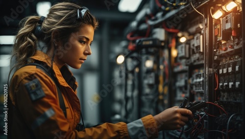 female engineer working in a server room