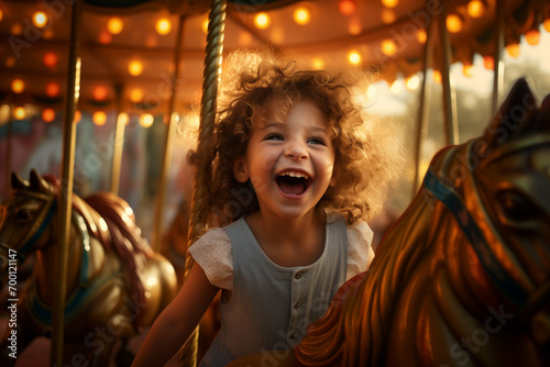 A little curly girl rides a carousel on a horse in an amusement park © Alina