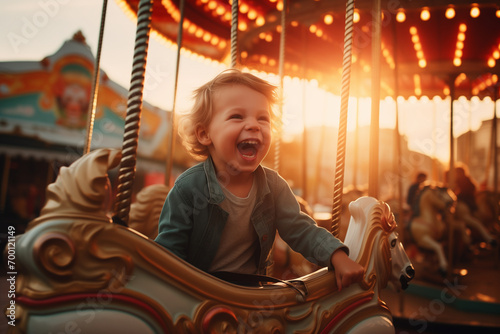 A joyful child is thrilled to be riding a horse-themed carousel at the fair photo