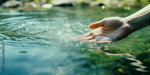 A hand touching the surface of pure green water of the river in nature on a sunny day  symbolic and ecological gesture for conservation of natural resources and preservation of the environment