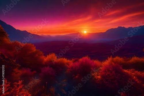 An alien planet's sky ablaze with vibrant hues of an autumn sunset, casting an enchanting glow on the lushill-inspired landscape below. © AR Arts