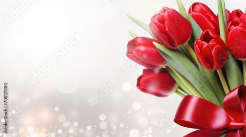 Happy Mother's, Women's Day banner with Spring Flowers banner. Floral composition with empty place for text. Red Tulips Bouquet with ribbon bow on glitter blurred background with copy space.