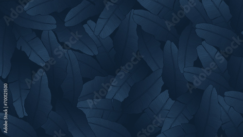 Dark blue botanical vector background with banana leaves. Botanical card, poster, banner, cover, wallpaper