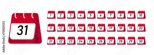 Calendar of numbers 1 to 31. Red calendar with rings. Vector illustration