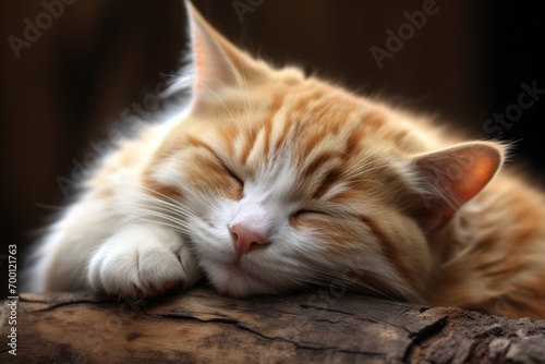 Close up of a cute cat sleeping face is irresistible in the background of modern bedroom. The animal concept of sleeping and adorable. 