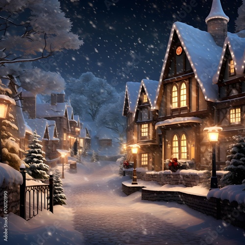 Christmas and New Year background. Winter village at night with Christmas decorations.