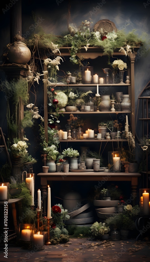 Interior of the dark room with old bookshelves, candles and flowers