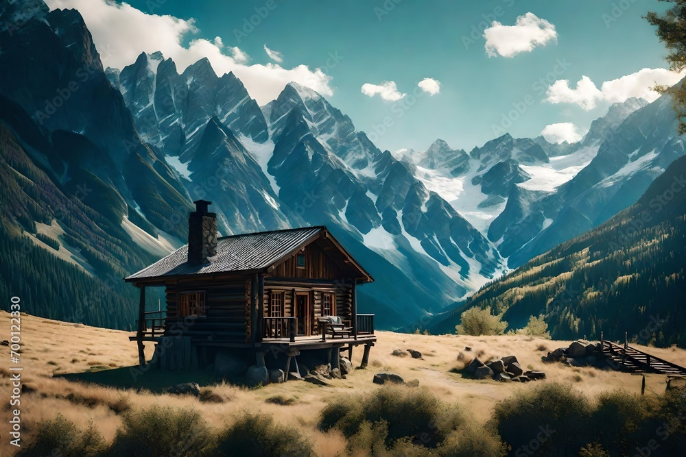 An enchanting cabin surrounded by the beauty of nature, with a background of a bright blue sky and majestic mountains.