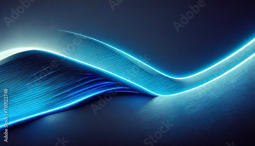 3d render, abstract minimal neon background with glowing wavy line. Dark wall illuminated with led lamps. Blue futuristic wallpaper. copy space fot text photo