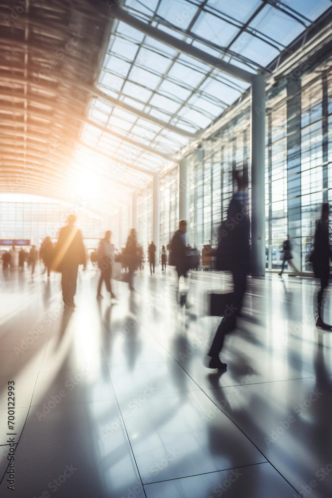 Generative AI image of blurry people in a modern glass building