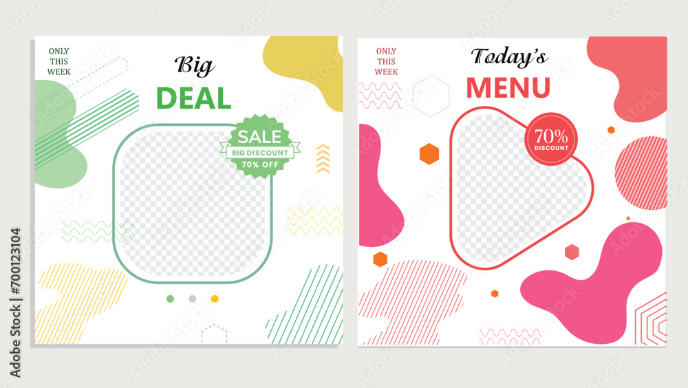 social media post food sale template flat geometric checkered shapes.