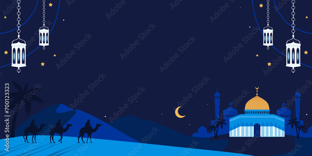 Fototapeta premium Hand drawn flat Isra Miraj background with arab elements and blank space