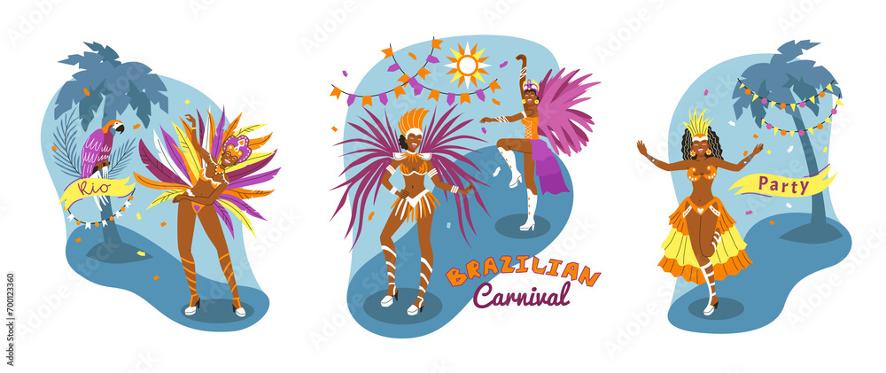 Hand drawn flat brazilian carnival mini illustration set with dancer women wearing feather costumes