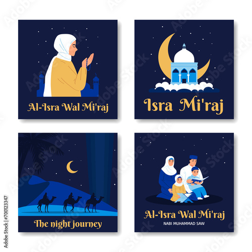 Hand drawn flat Isra Miraj cards collection with muslim people and night scenes