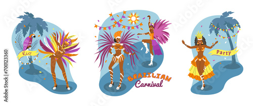 Hand drawn flat brazilian carnival mini illustration set with dancer women wearing feather costumes photo