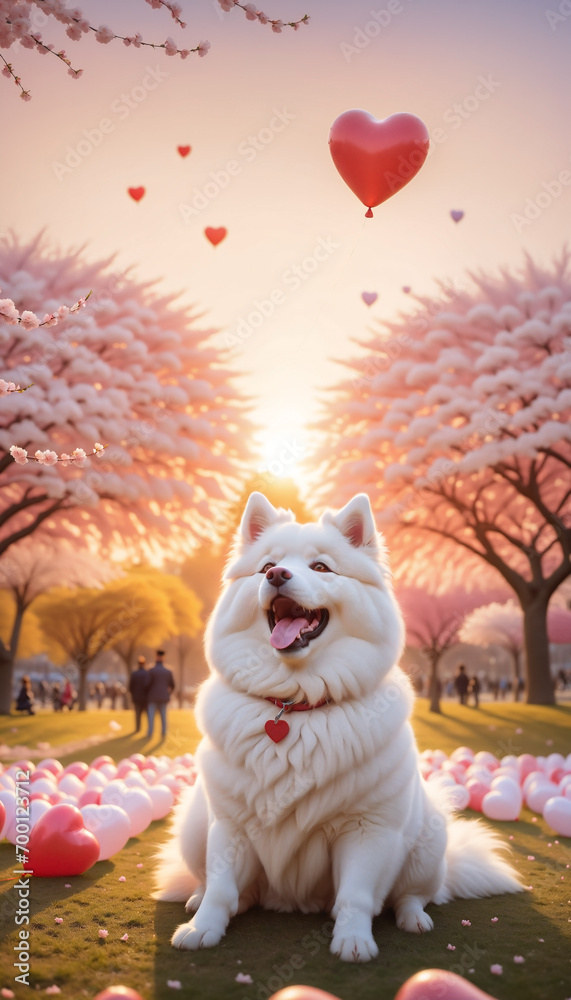 Fototapeta premium Cute and happy Samoyes dog playing under balloons