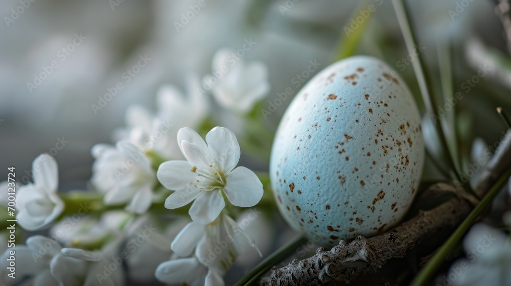 Easter painted eggs on the grass, surrounded with flowers. Banner with Easter eggs. Festive Happy Easter concept for greeting card