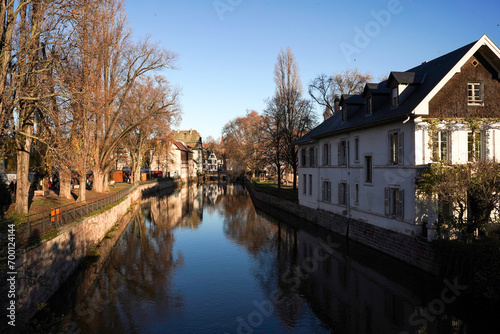 Strasbourg, France - 18.12.2023 - Photo of the river and buildings in Strasbourg in December. Sunny weather. Calmness 