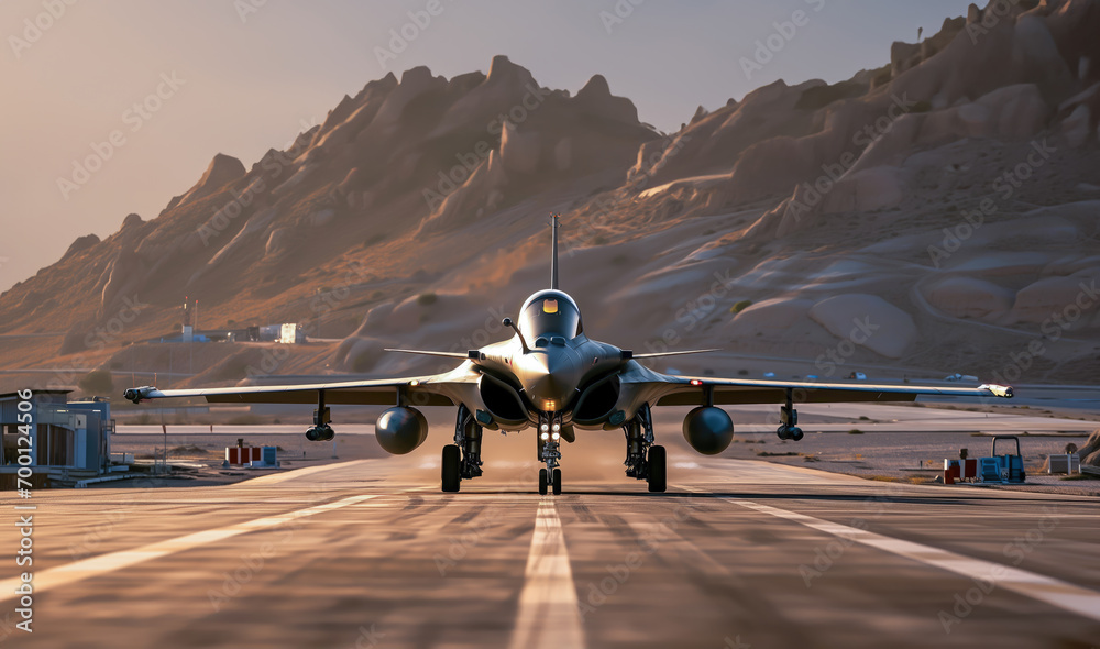 Avion de chasse prêt au décollage, vu de face sur une piste dans un désert - obrazy, fototapety, plakaty 