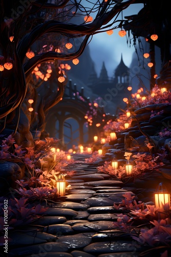 Halloween background with haunted castle and lanterns  3d render