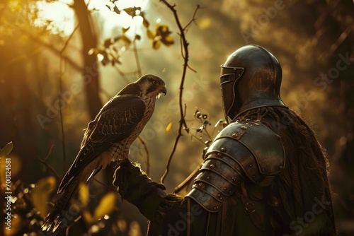 A knight and a falconer in a forest, with the knight admiring the falcon on the falconer's arm, symbolizing the bond between man and nature. photo