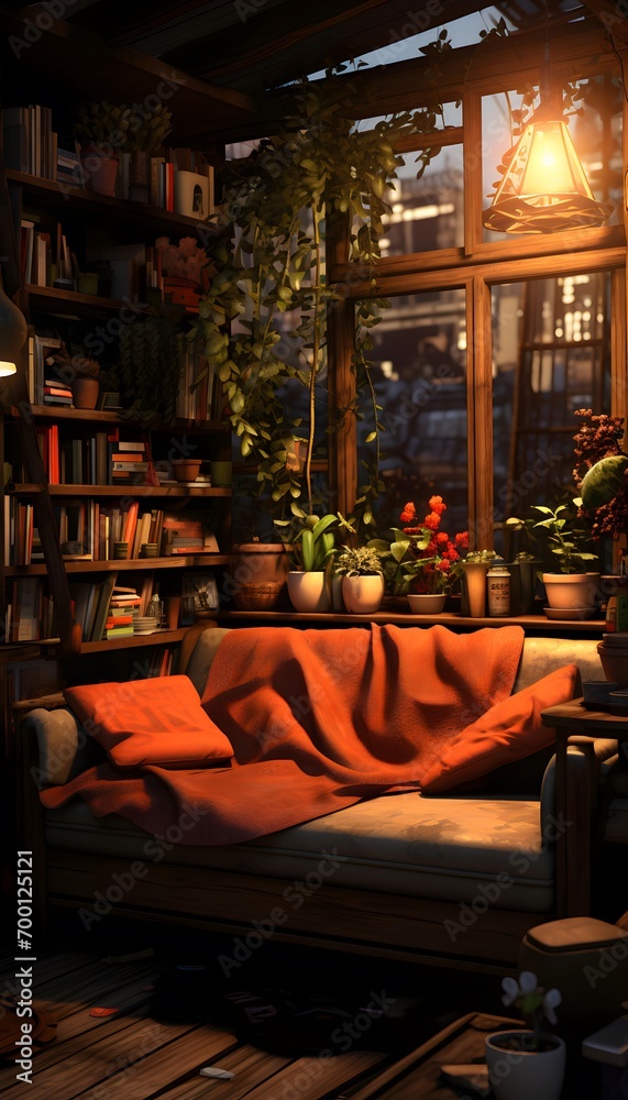 Interior of a cozy living room with a sofa and bookshelves