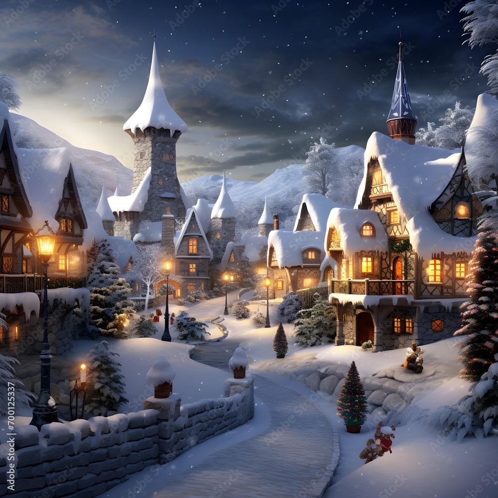 Winter night in the village. Christmas and New Year holidays. Christmas card.