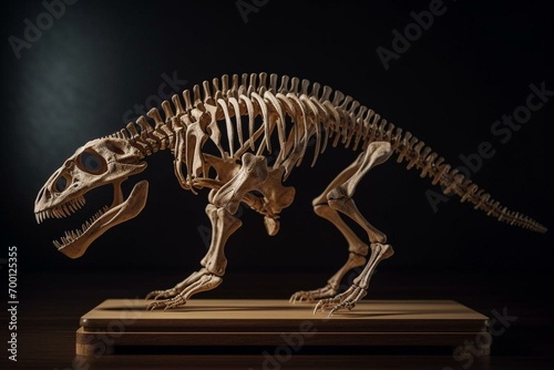 Dinosaur skeleton on a wooden stand. Generative AI © Vadym