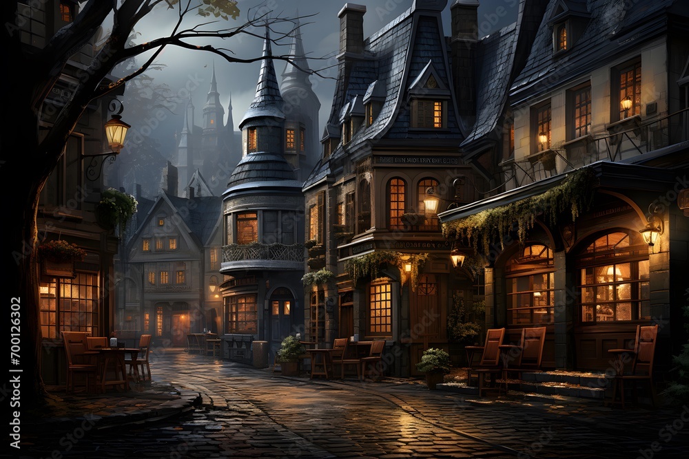 Old european town in the fog at night, 3d render