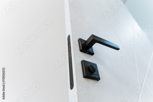 Black Metal Door Handle, Door Lock, Open Room Door, Apartment Interior. © Aleksey