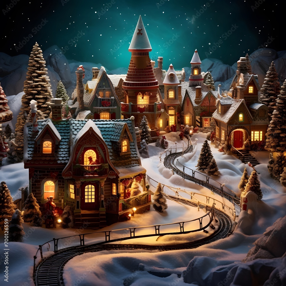 Fairytale village in the snow at night. 3d rendering
