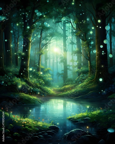 Fantasy green forest with a pond and lights. 3d rendering