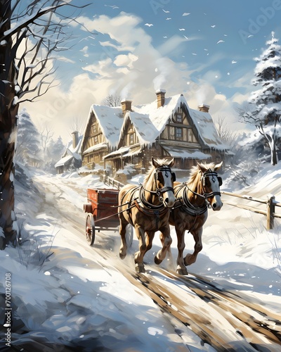 Digital painting of a horse drawn carriage driving through a snowy village.