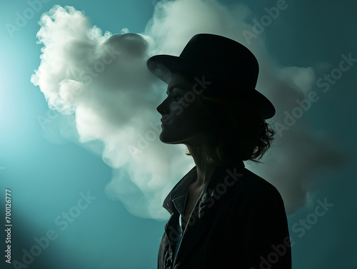 Mysterious young woman with her head in the clouds/ smoke, difuse light,  photo