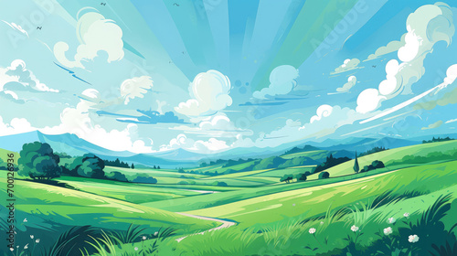 drawn landscape with green grass and blue sky  natural background  digital illustration  travel  field  clouds  empty space for text  wallpaper  summer  harmony  peace  art  blank  beauty  abstract