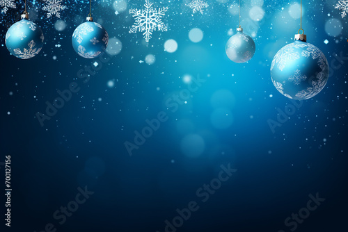 Blue christmas background with snowflakes and christmas balls. Generative AI