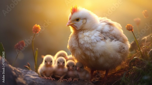 mother hen chicken with cute tiny baby chicks  